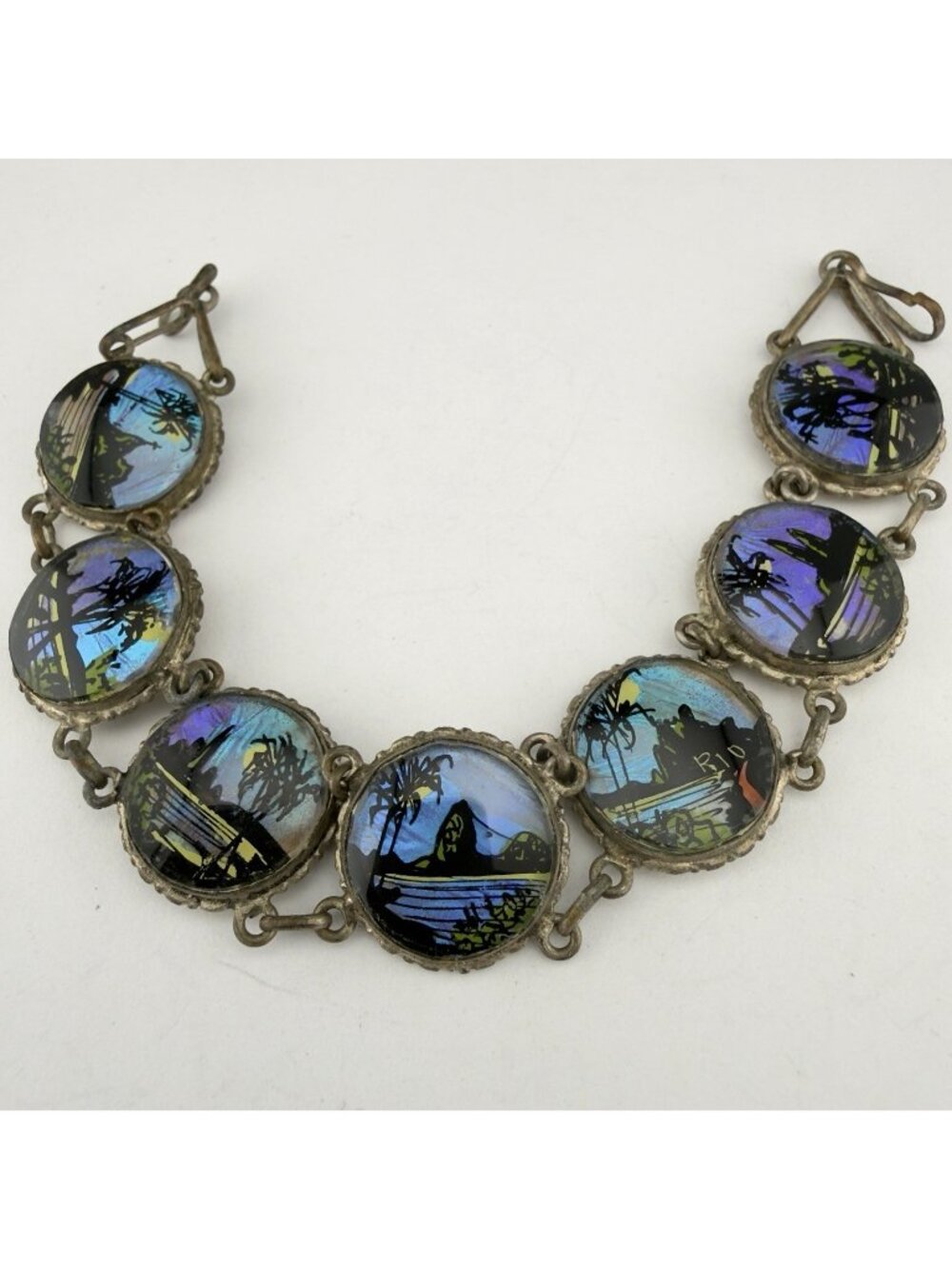 Vintage Reverse Painted Butterfly Wing Link Bracelet Tropical Scenes Brazil